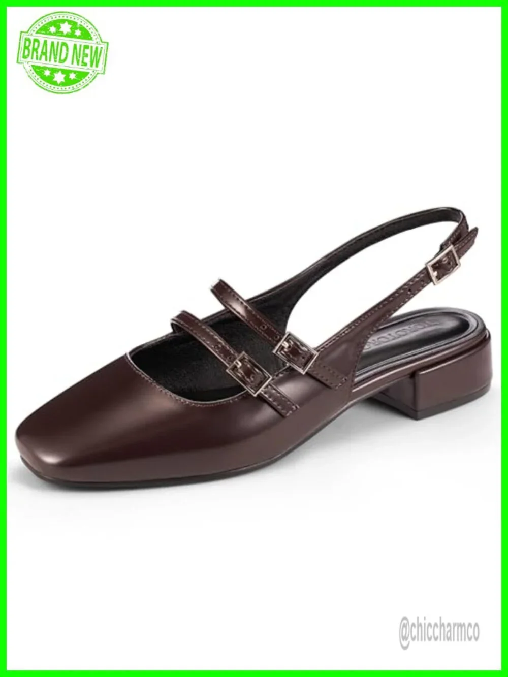 Chunky Low Heel Slingback Pumps Square Toe Buckle Strap Block Heel Dress Shoes